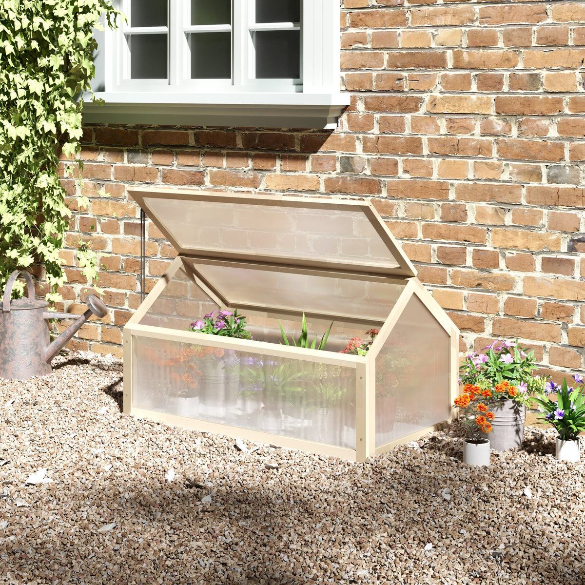 Mini-kas, compacte plantenkas van hout, polycarbonaat platen, ventilatieopening, 90L x 52B x 49,5H cm, naturel (2)