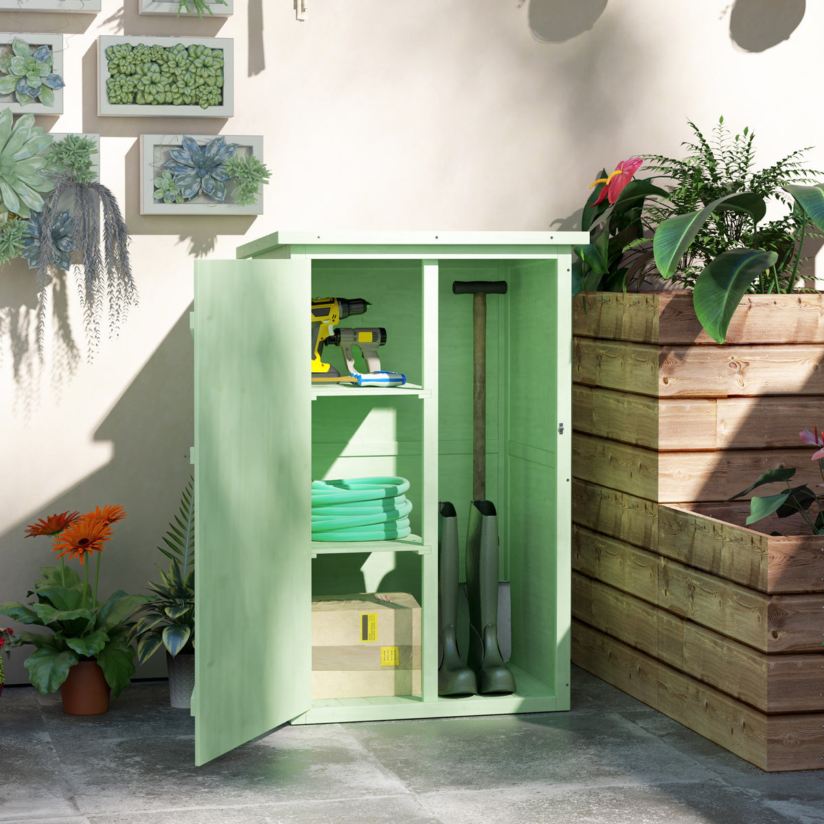Tuinkast hout gereedschapsschuur met legplank afsluitbaar deur bodemplaat asfalt-lessenaarsdak 75 x 56 x 115 cm (2)