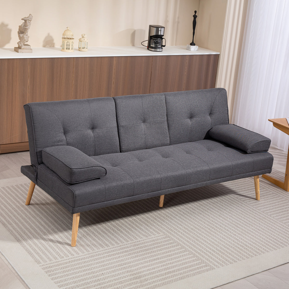 Slaapbank in Scandinavisch design, 3-zitsbank, 2 kussens, grijs + naturel (2)