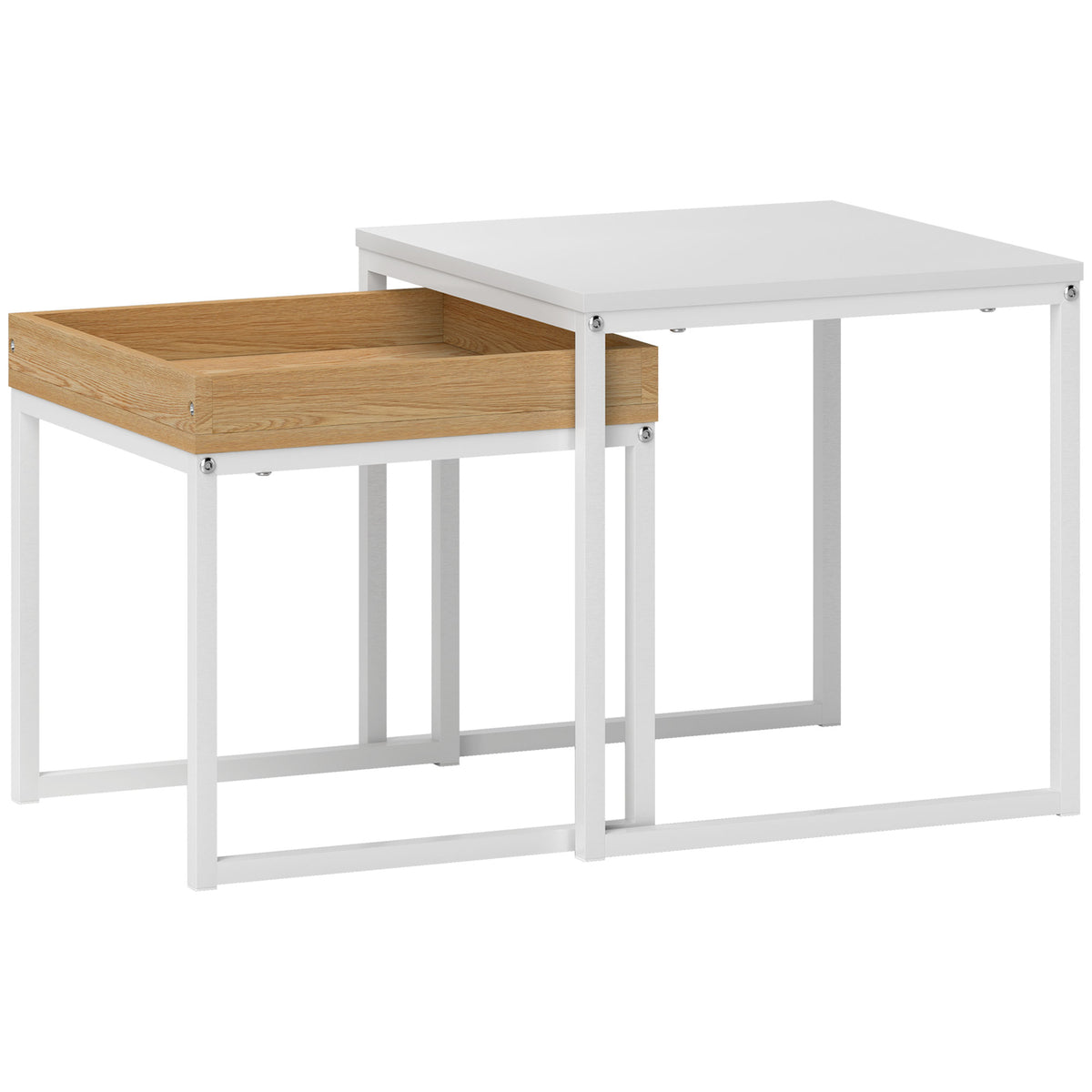 Moderne salontafel, set van 2 bijzettafels, voor kleine ruimtes, vierkant, MDF, metaal, wit