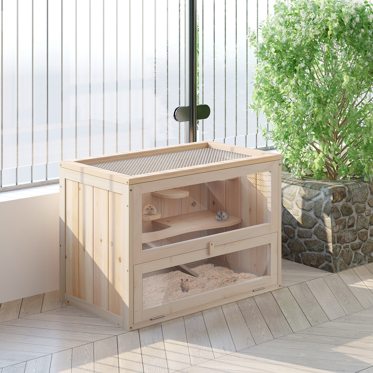 Hamsterkooi van hout 2 verdiepingen 60 x 35 x 42 cm knaagdierkooi kleindierkooi met opklapbaar traliedak (2)