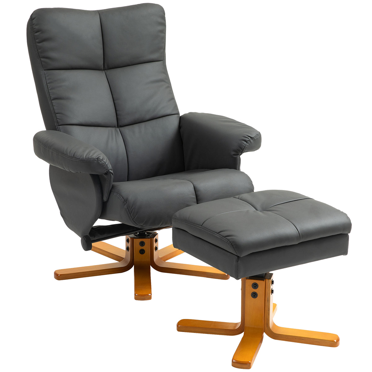 Relaxfauteuil met hocker, 145° verstelbare rugleuning, 360° draaibaar, kunstleer, donkergrijs