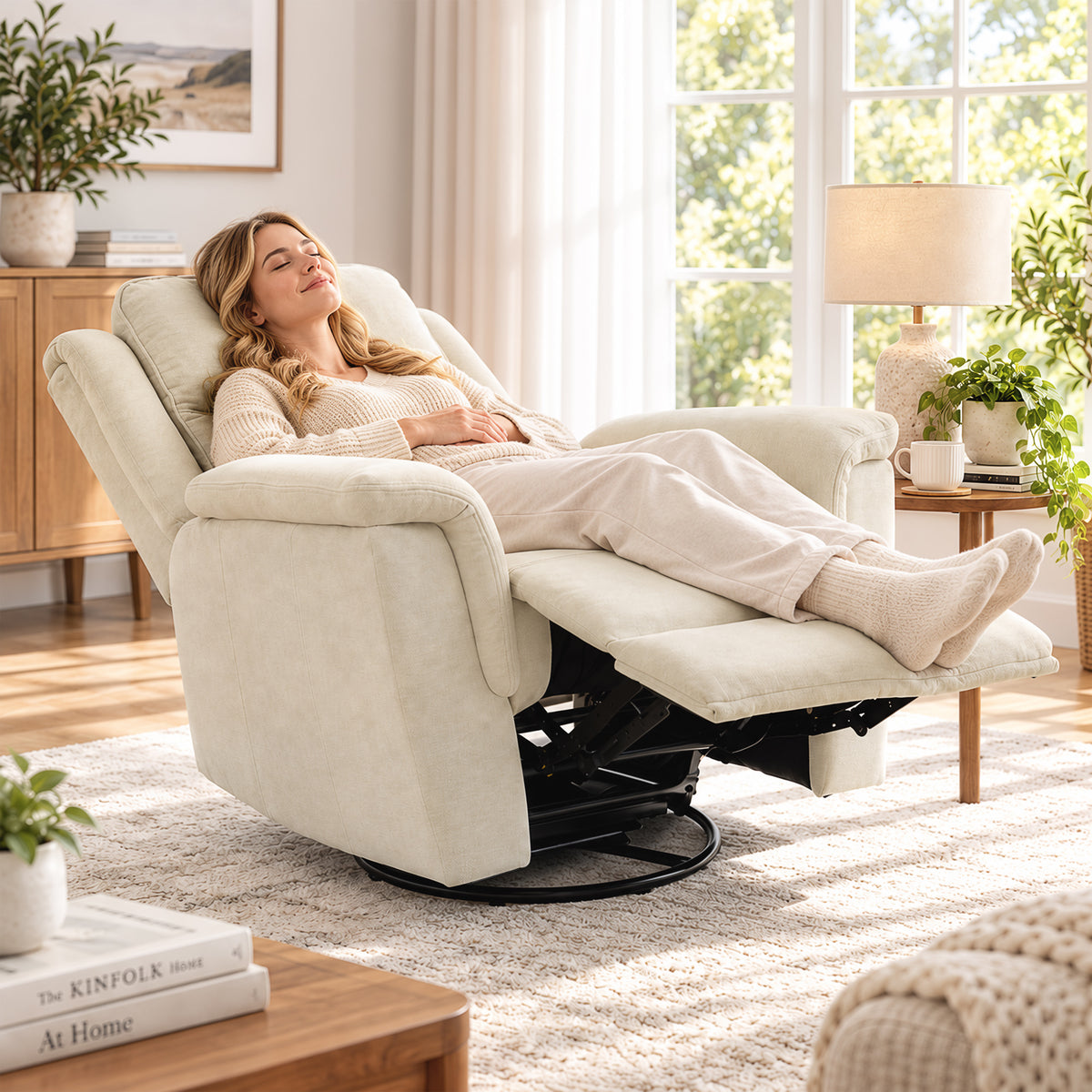 Relaxfauteuil met ligfunctie en schommelfunctie, televisiefauteuil met voetensteun in crèmewit (2)