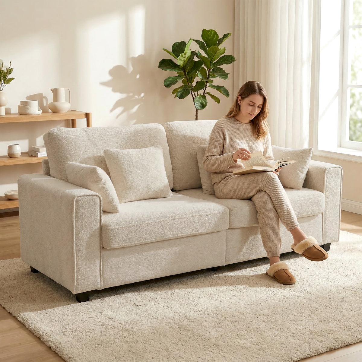Beige 3-zitsbank met Raindrop-fluwelen bekleding, diepe zitting, verenkussens, brede armleuningen en 4 kussens (2)