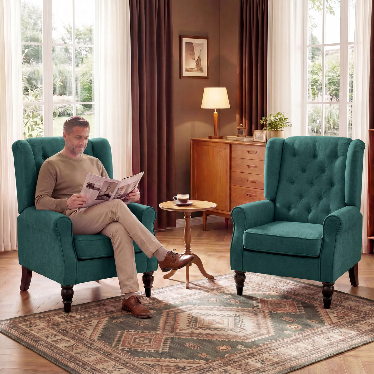Elegante oorfauteuil, dik gestoffeerd, afneembare hoes, 74 x 86 x 102 cm, donkergroen (9)
