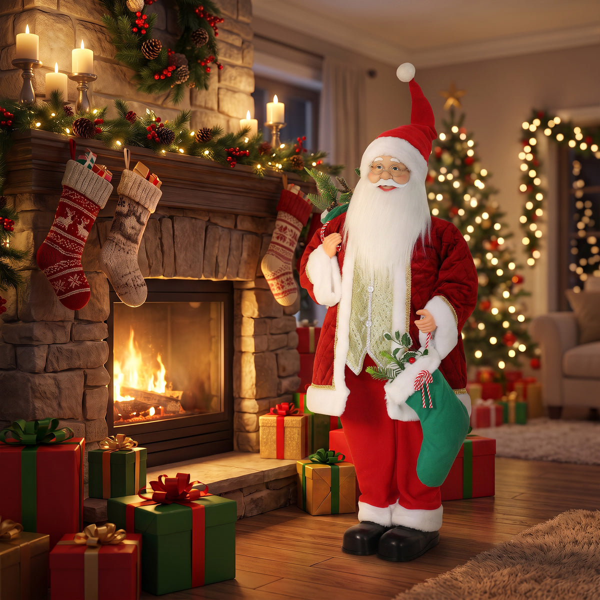 120 cm zingende & dansende kerstman, staande geanimeerde kerstfiguur met kous, zak, geactiveerd door (2)