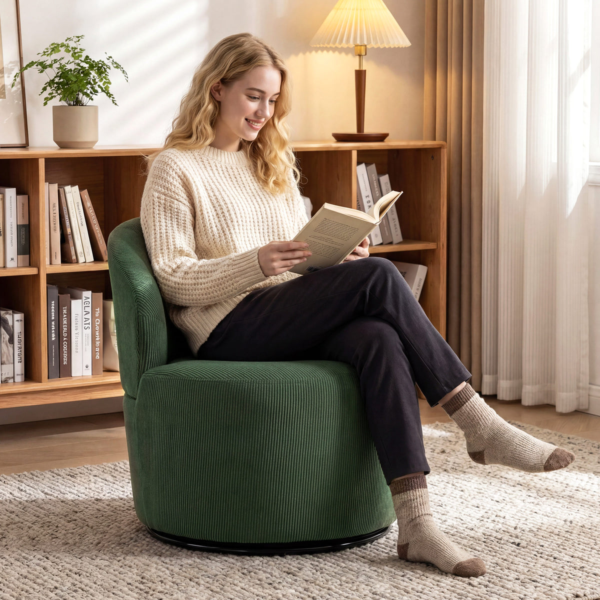 Accentstoel, 360 graden draaibaar, moderne draaifauteuil met ronde voet, voor woonkamer en slaapkamer, groen (2)