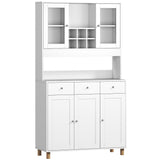 180 cm keukenkast, 2 glazen deuren, 3 lades, 4 verstelbare planken, eetkamerkast, spaanplaat, wit