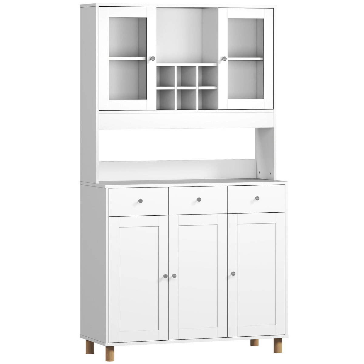 180 cm keukenkast, 2 glazen deuren, 3 lades, 4 verstelbare planken, eetkamerkast, spaanplaat, wit
