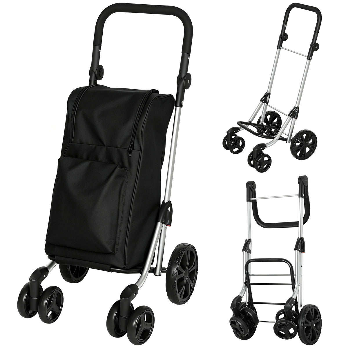 Boodschappentrolley, 46 liter tas, opvouwbare boodschappenwagen met koeltas, verstelbare handgreep, aluminium