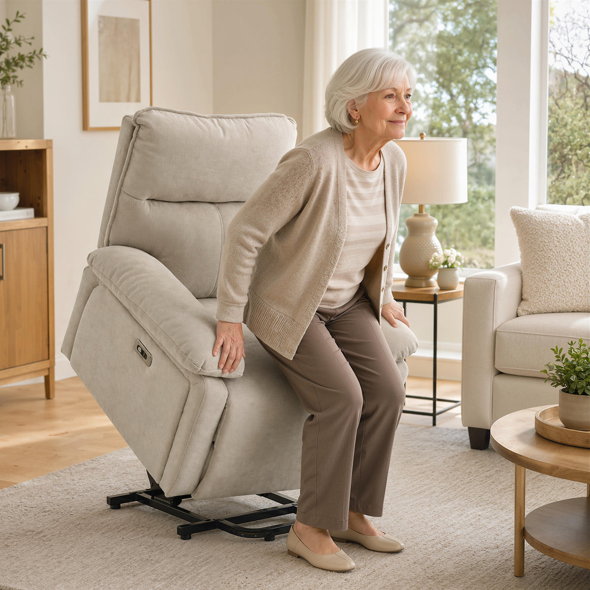 Elektrische sta-op stoel met massage & warmte, relaxfauteuil van chenille met schuim met hoge dichtheid en dikke (2)