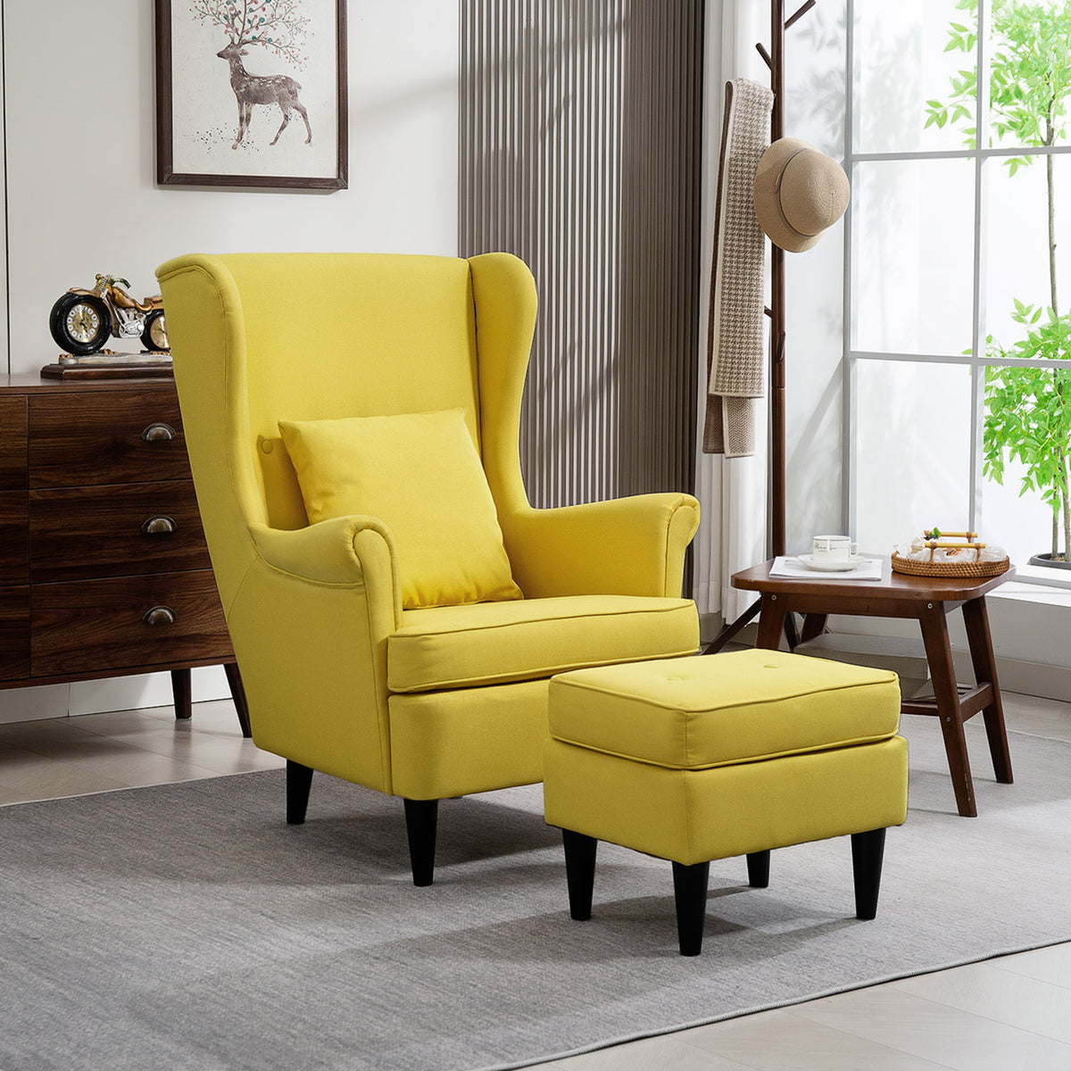 Fauteuil met voetenbank, gestoffeerde stoel met poten van rubberhout, stoffen bekleding, geel (2)