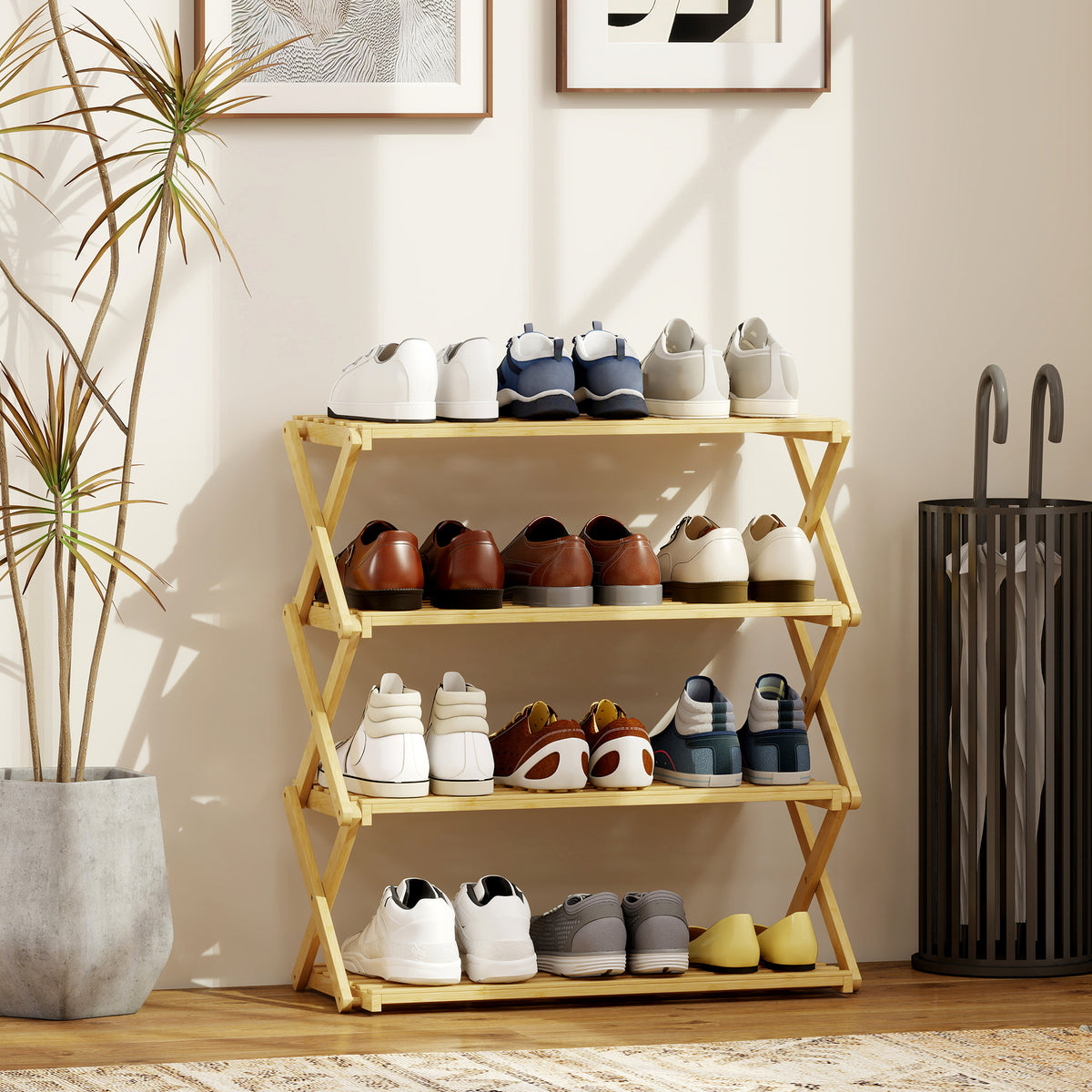 Schoenenrek met 4 niveaus, schoenenplank van bamboe, voor maximaal 12 paar schoenen, voor entree, hal, 60 x 29 x (2)