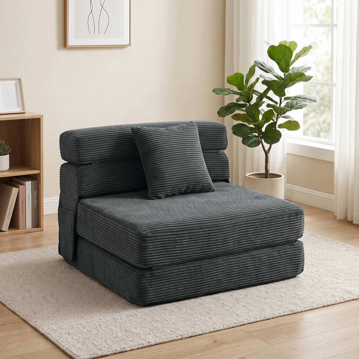 2-in-1 Boneless Cloud vloerstoel, opvouwbare slaapfauteuil met ribstof-look & lendenkussen, donkergrijs (2)
