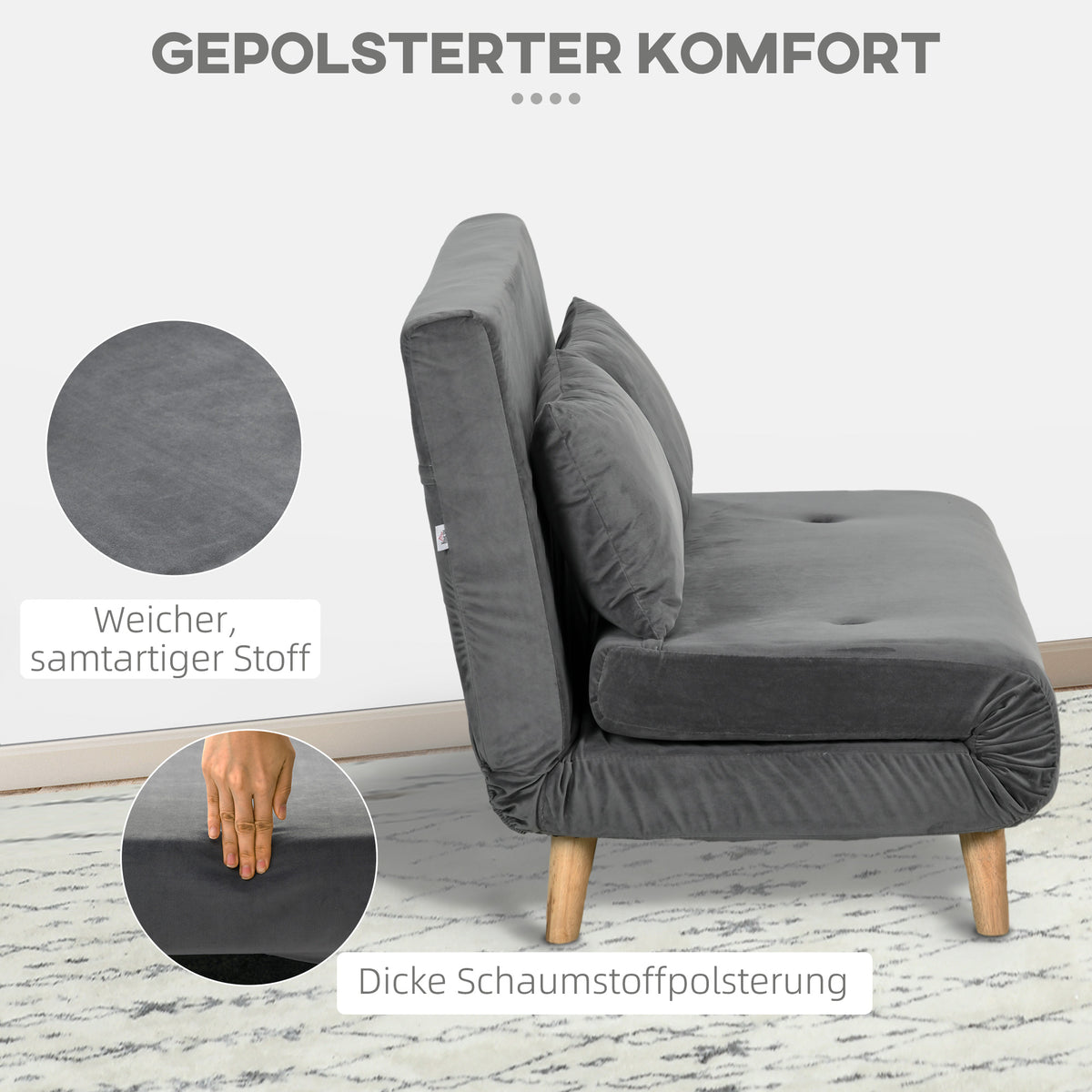 Slaapbank relaxbank bank, incl. 2 kussens, fluweeloptiek, 130 x 78 x 79 cm, grijs (6)