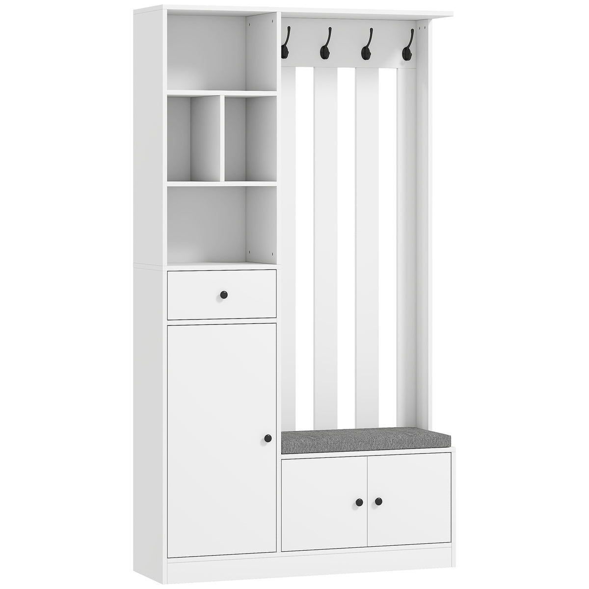 Garderobenkast van 180 cm met kledingroede, schoenenbank, 4 haken, open legplanken, MDF, wit