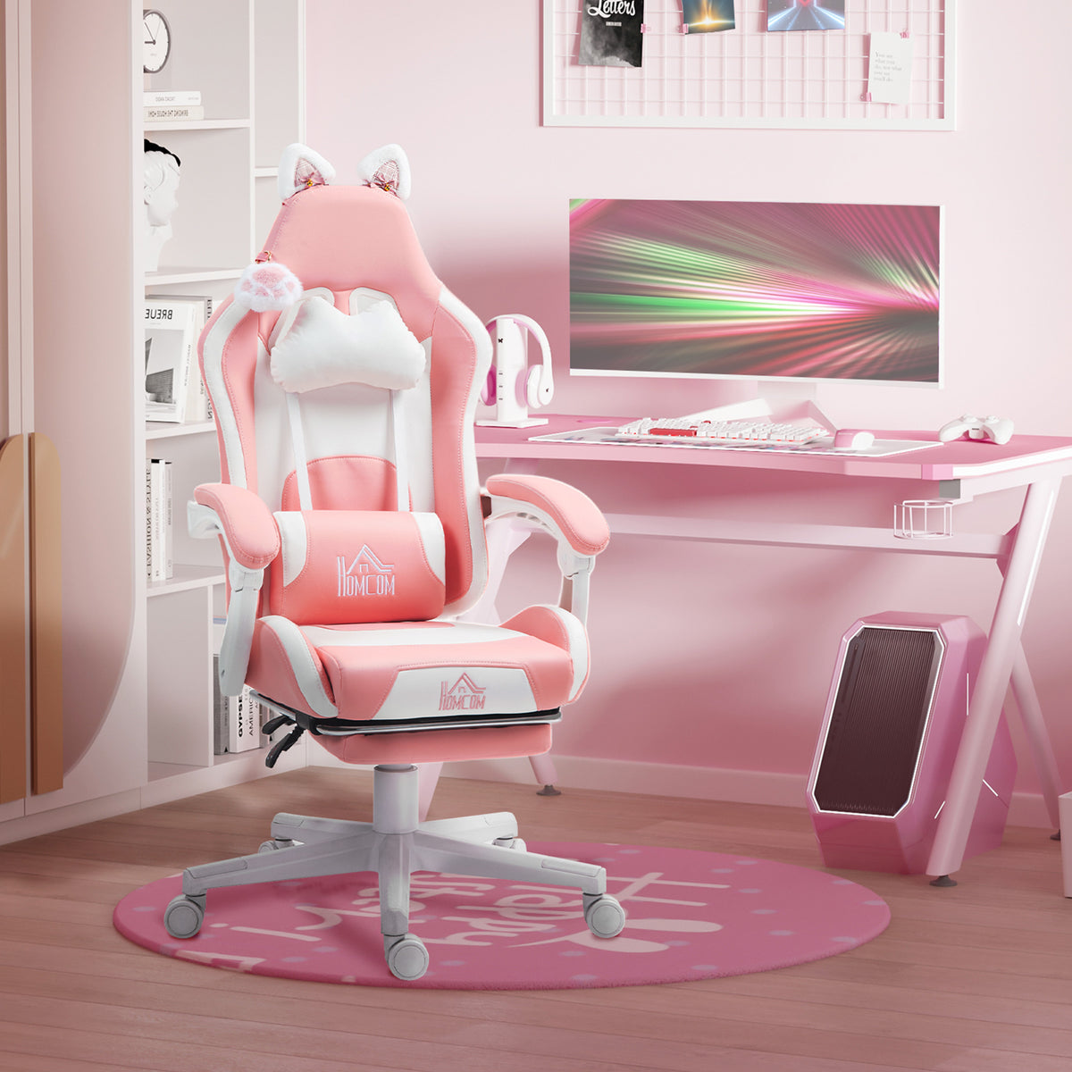 Gaming-stoel met kattenoren, verstelbare rugleuning, uitschuifbare voetensteun, tot 120 kg, roze/wit (2)