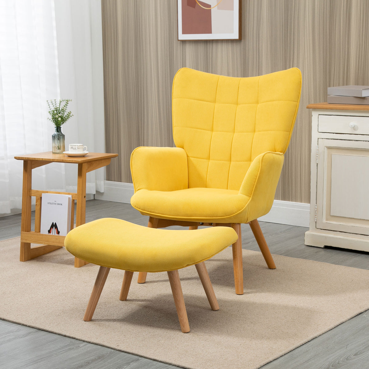 Accentstoel met voetenbank, relaxfauteuil in corduroy-look, leunstoel met houten poten, voor woonkamer, geel (2)