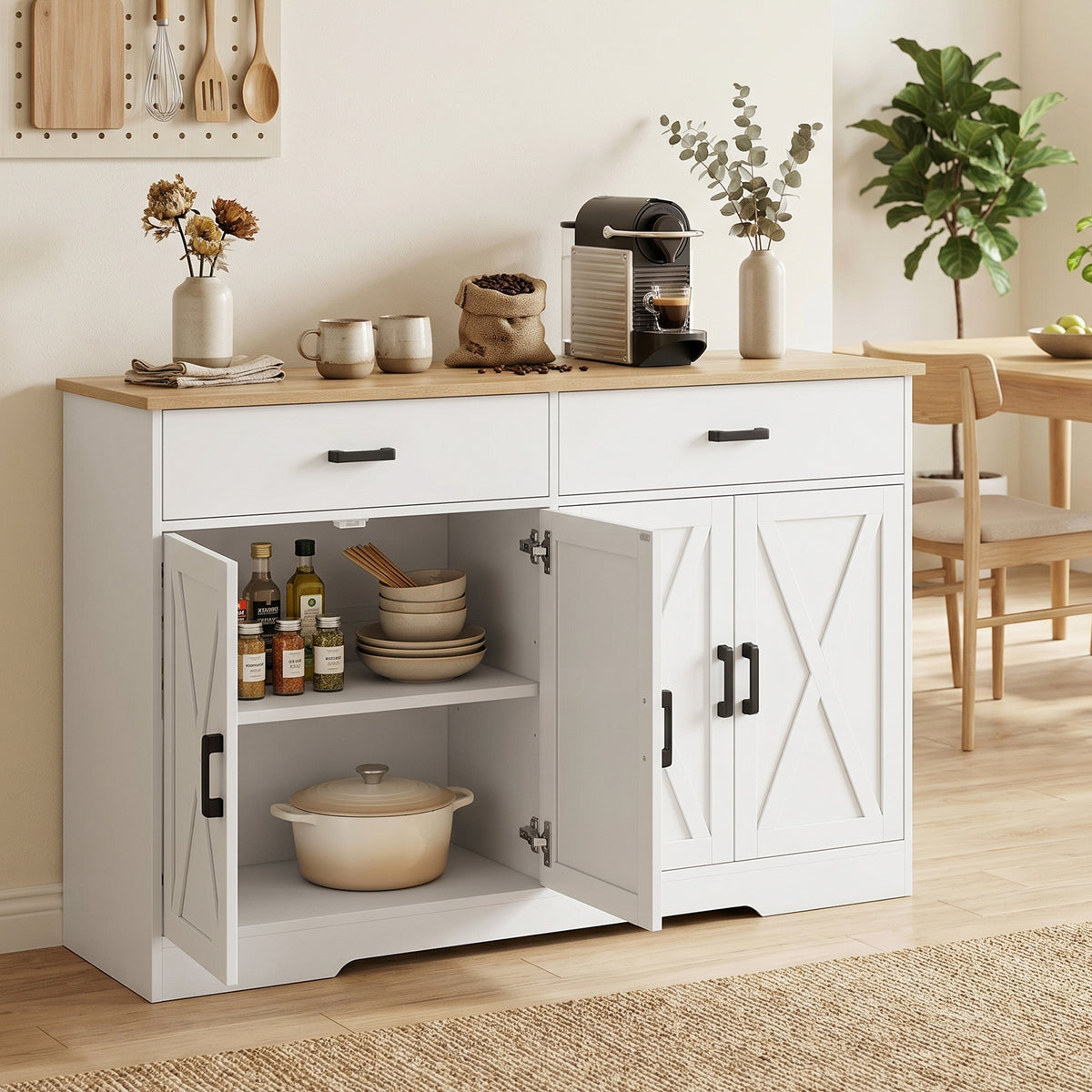 Dressoir buffetkast, 140 cm boerderijstijl keukenkast met 2 lades en 2 kastjes, wit (2)