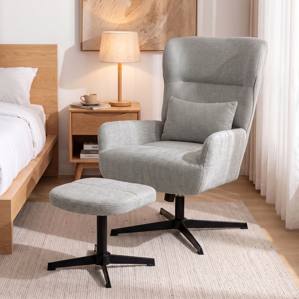 360° draaibare loungestoel met hocker, in hoogte verstelbaar, chenille bekleding, met lendenkussen, crèmewit (2)