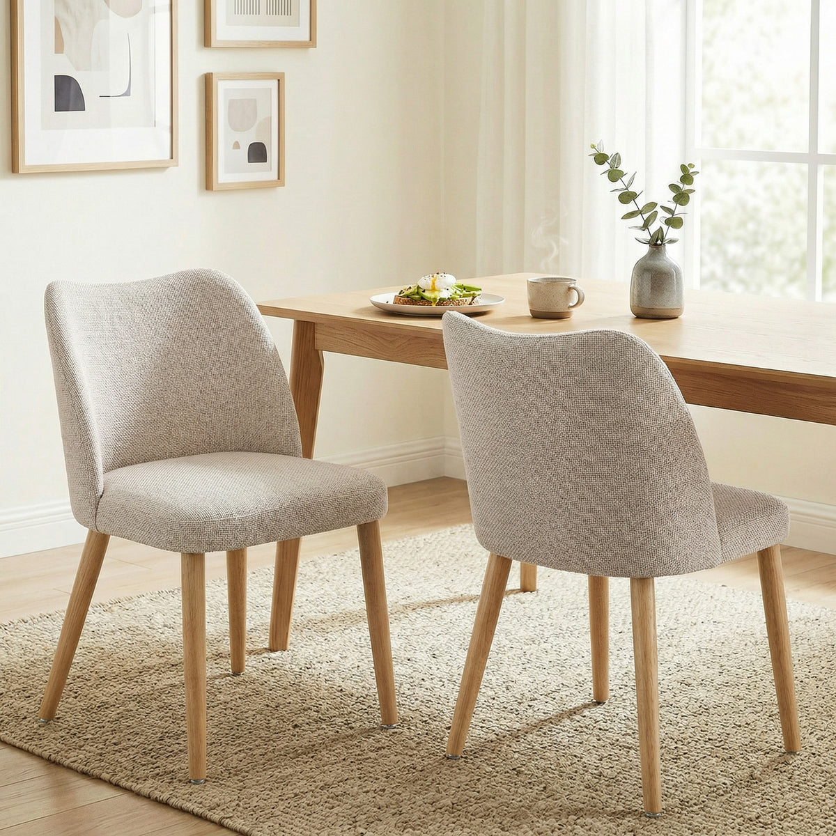 Eetkamerstoelen set van 2, gestoffeerde keukenstoelen met linnenlook, voor eettafel, woonkamer, crèmewit (2)