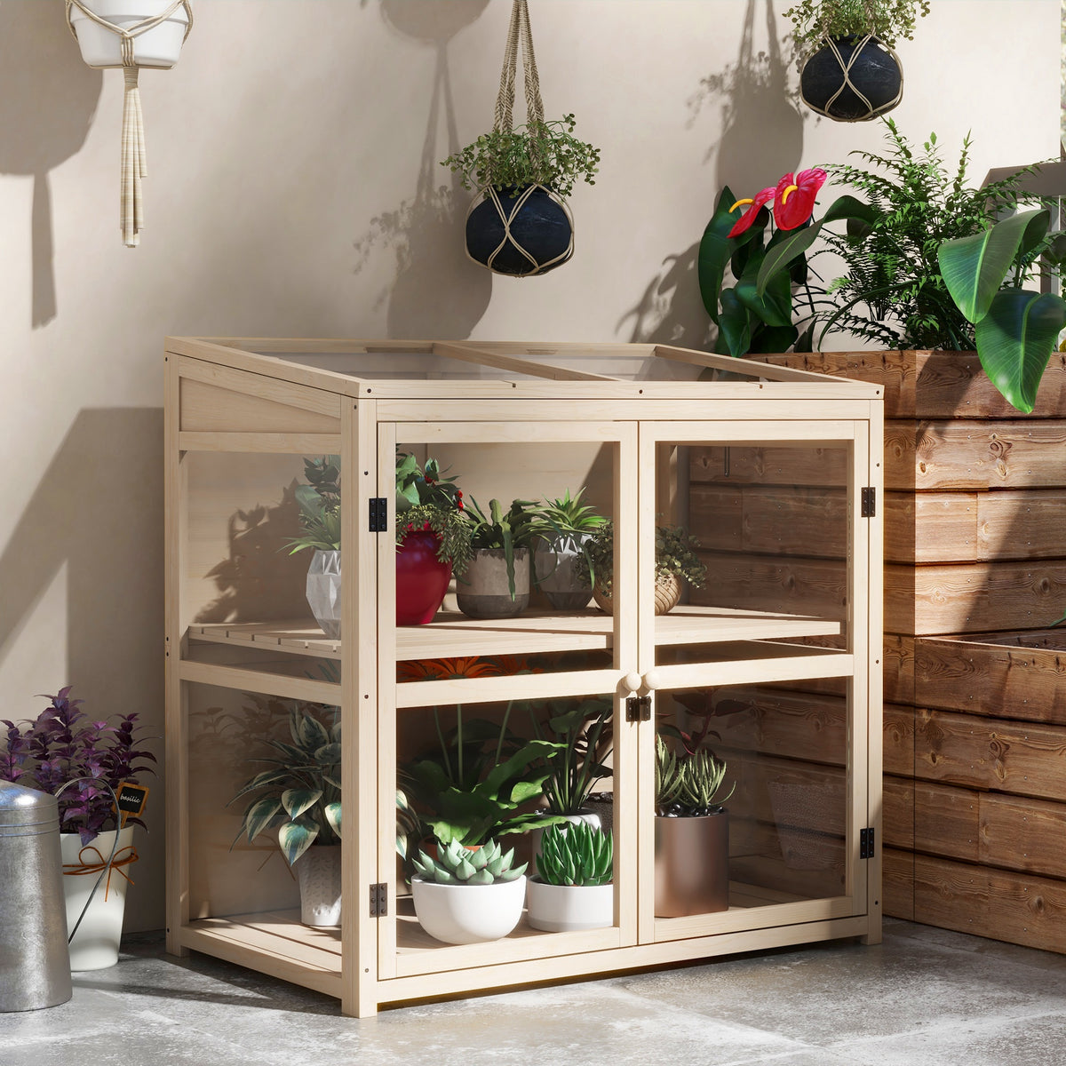 Kweekbak verhoogd plantenbed, weerbestendig, 2 niveaus, vurenhout, 103 x 61 x 103 cm, natuur (2)