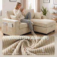 Hoekbank 216 cm 3-zits L-vorm bank met omkeerbare opbergpoef, ribfluweel-look, brede zitting, voor woonkamer (7)