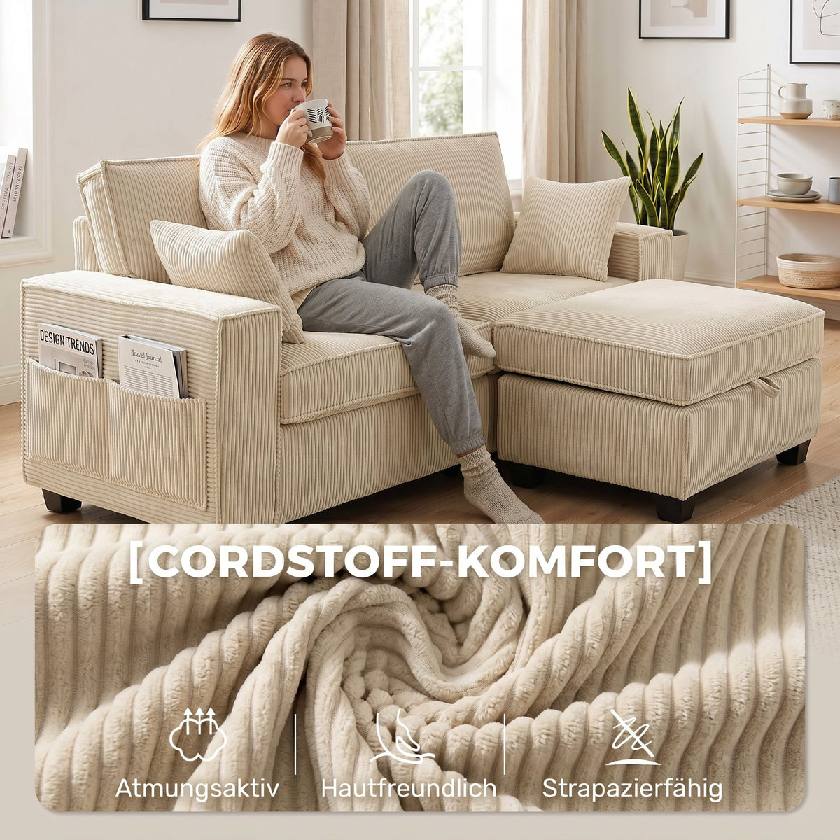 Hoekbank 216 cm 3-zits L-vorm bank met omkeerbare opbergpoef, ribfluweel-look, brede zitting, voor woonkamer (7)