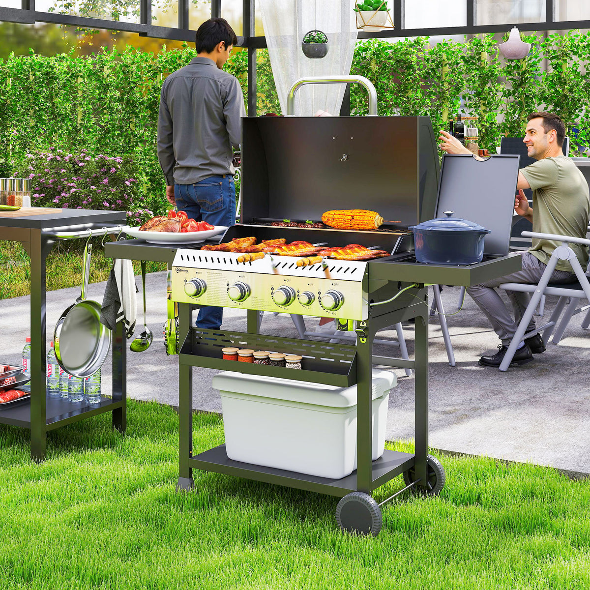Gasbarbecue, BBQ-grill, 4 hoofdbranders, 1 zijbrander, 1 warmhoudplaat; 135 x 55 x 103 cm, zwart (2)