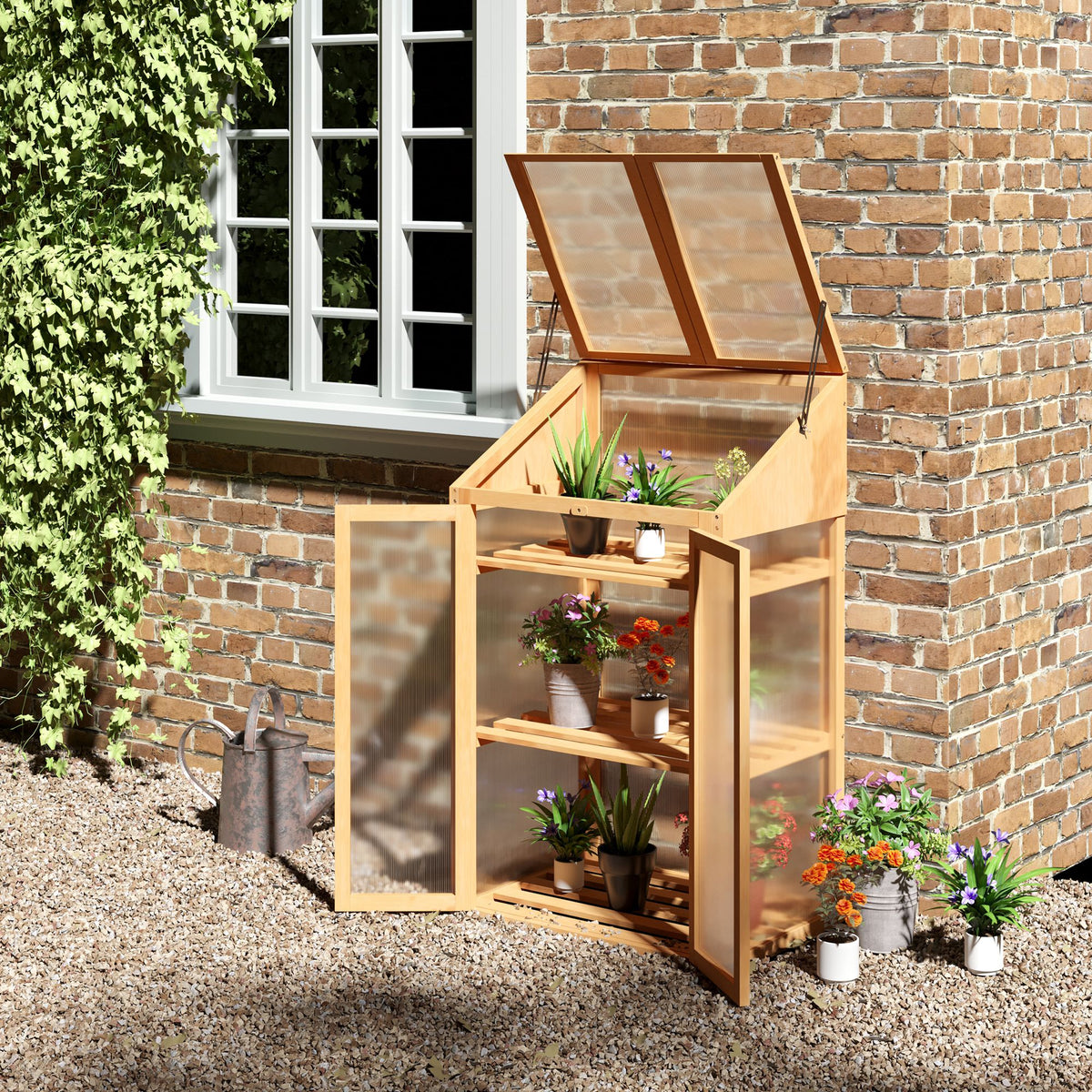 Mini-kas, kleine broeikas met houten frame, ramen en dubbele deur, 3 planken, 70L x 50B x 120H cm, bruin (2)