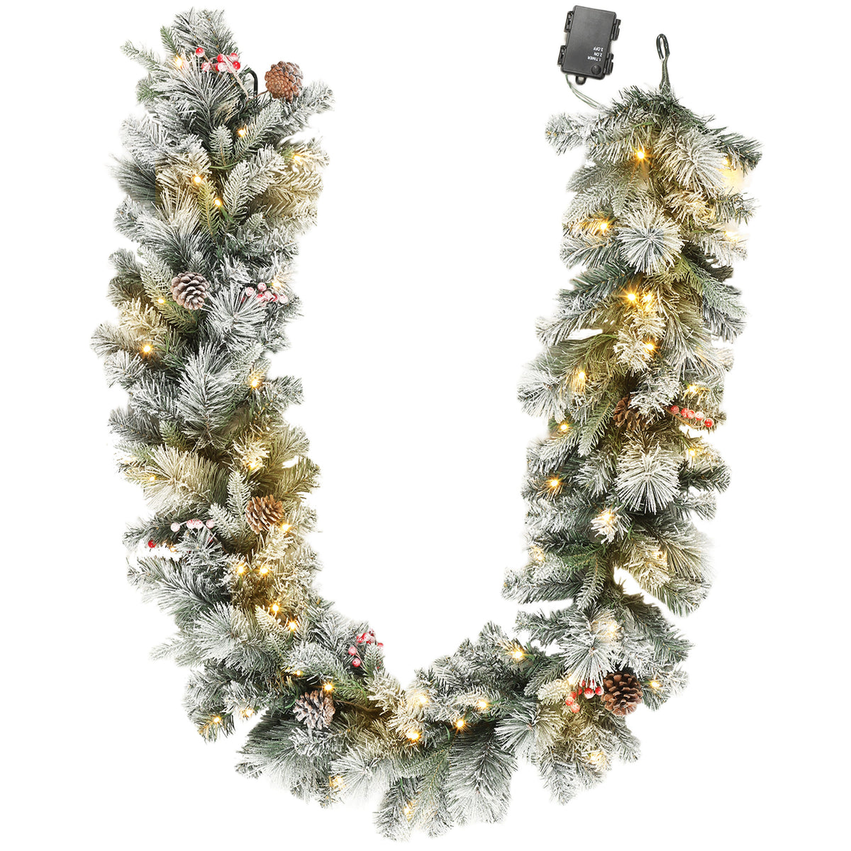Kerstguirlande met 216 besneeuwde takjes, 50 ledlampjes, Ø25x180 cm, groen & wit