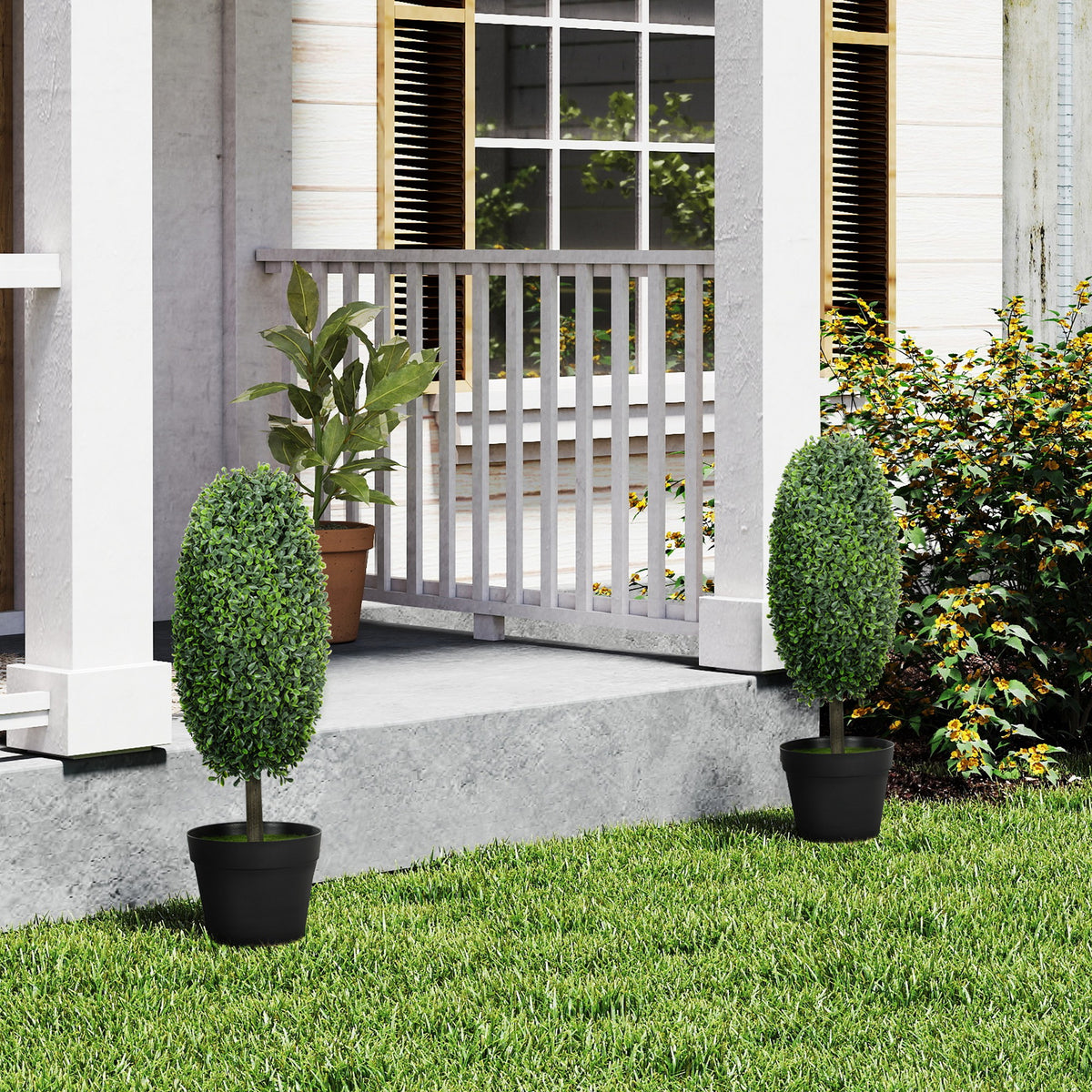 2-delige set kunstplanten, uv-bestendige kunstbomen in pot, kunststof, cement, groen (2)
