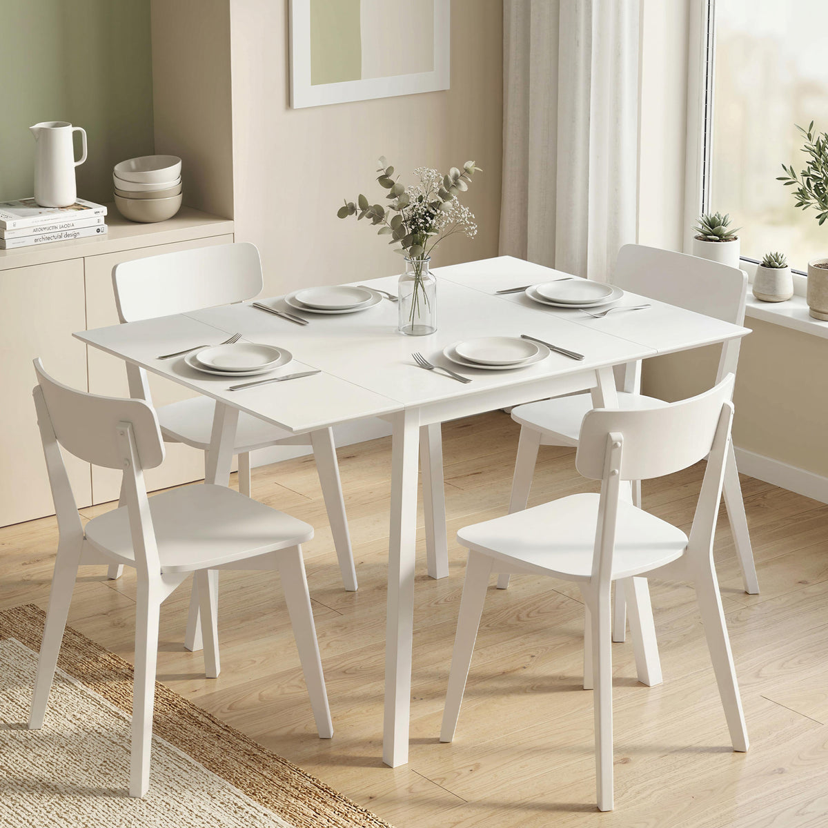 Eettafel klaptafel keukentafel, 2 uitklapbare bladen, 110 x 86 x 75 cm, wit (2)