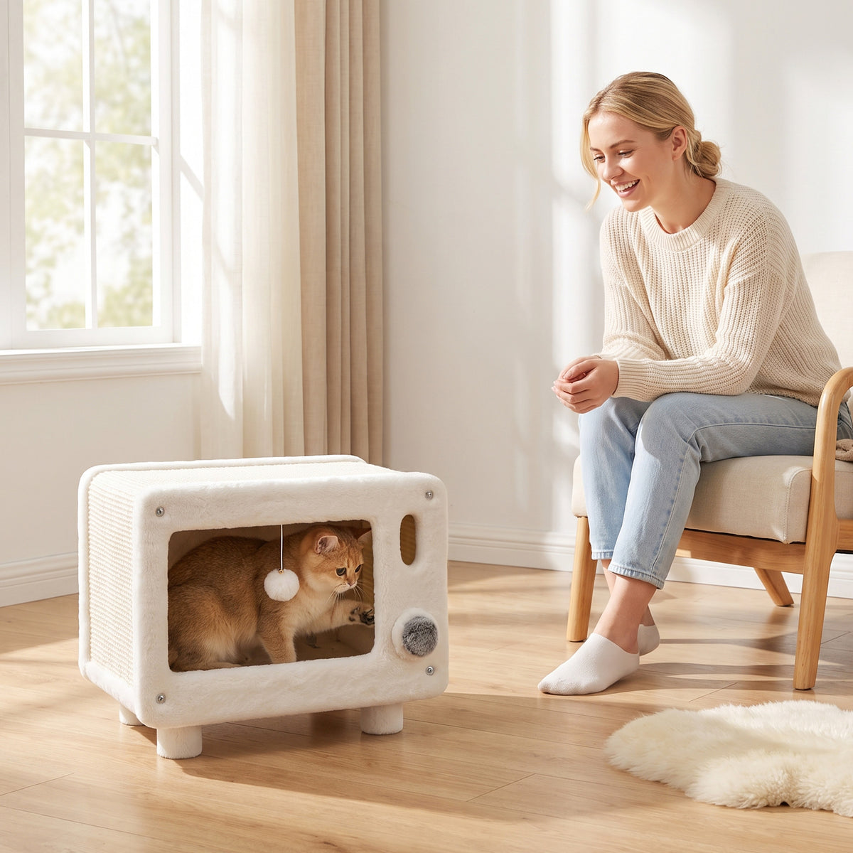 Kattenhuis in tv-ontwerp, kattenhol met hangmat en speelbal, sisal-krabmat, voor katten tot 7 kg 50 x 33 x 42 cm (2)