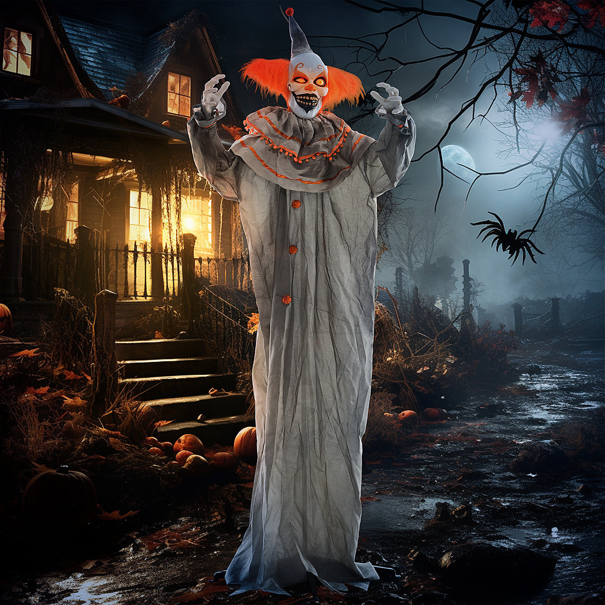 Halloweendecoratie clown, buigzame armen, geactiveerd door aanraking/geluid, lichtgevende ogen (2)