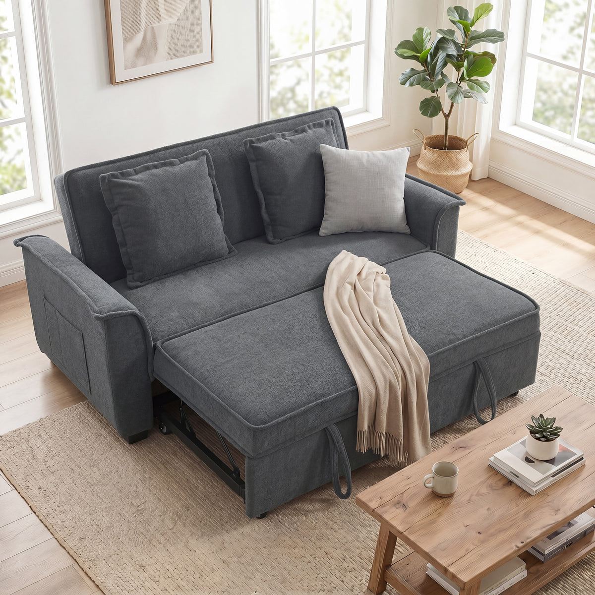 Futon-slaapbank, verstelbare rugleuning, 2-zits met 2 kussens, donkergrijs (2)