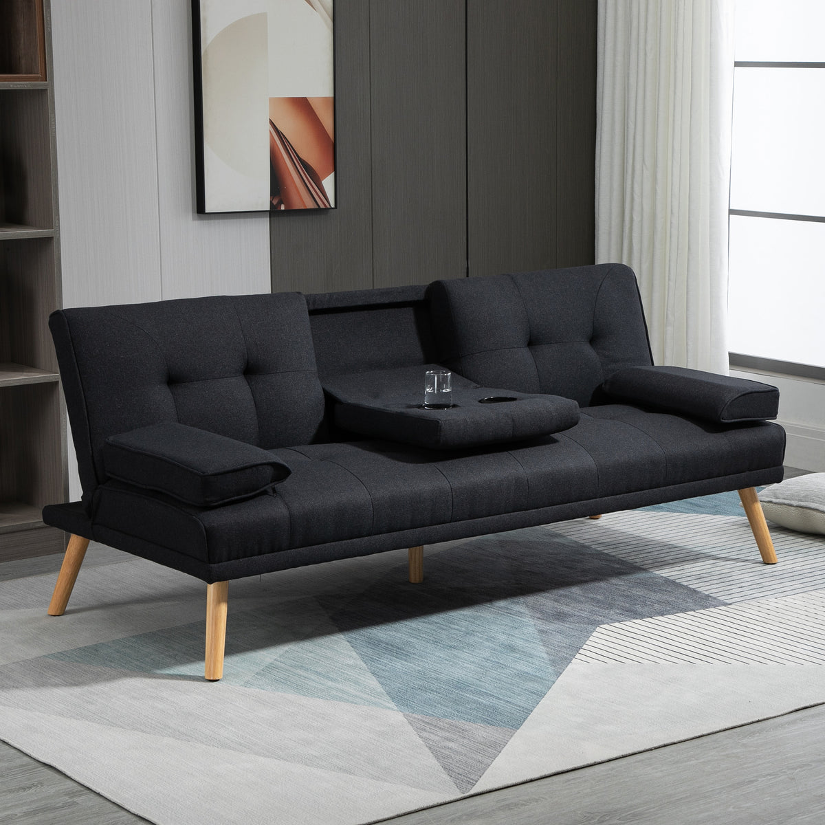 Slaapbank, logeerbed, verstelbare rugleuning, inklapbare tafel, 181x77x78 cm, zwart (2)