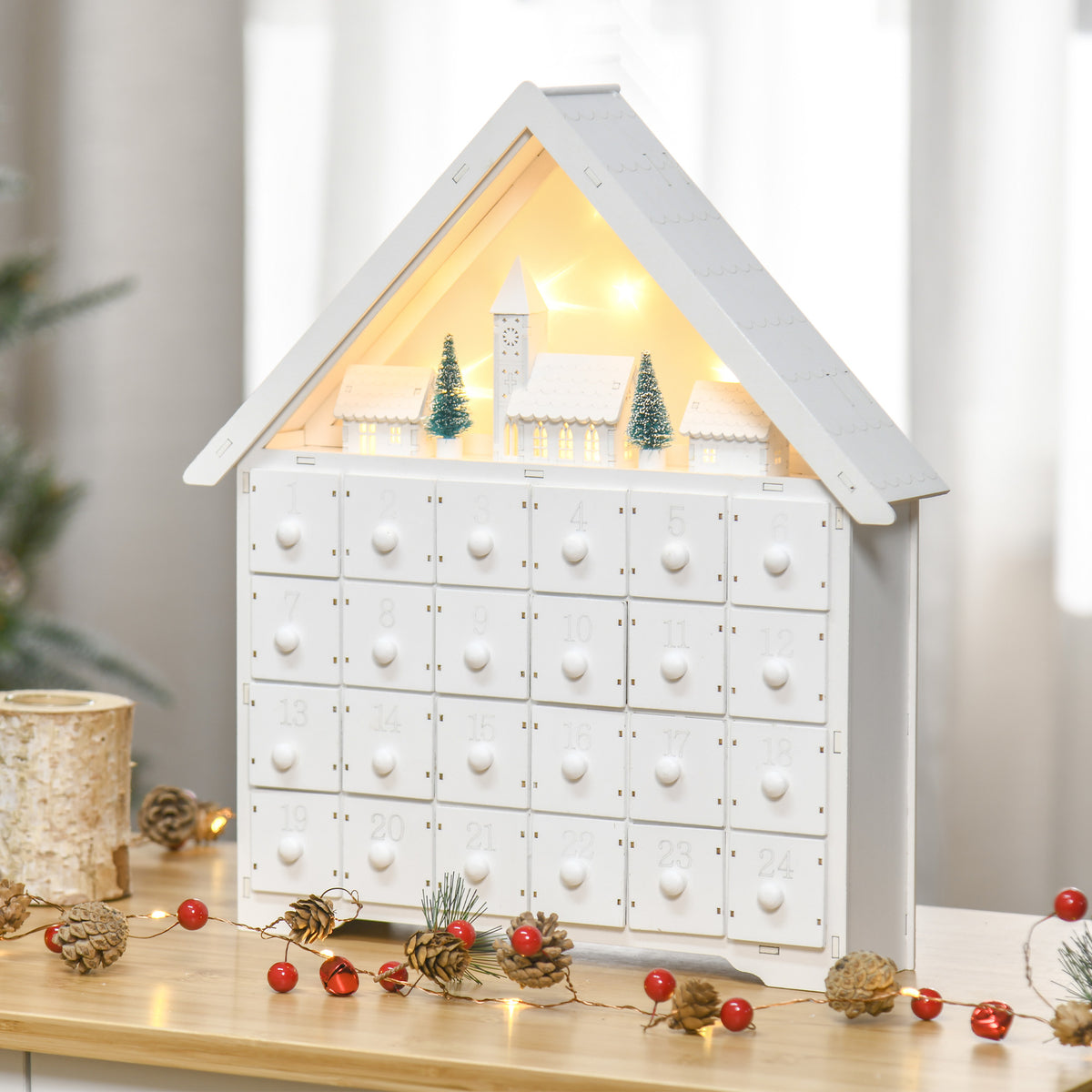 Adventskalender kerstdecoratie, 24 lades, ledverlichting, 39 cm x 9 cm x 42 cm, wit + groen (2)