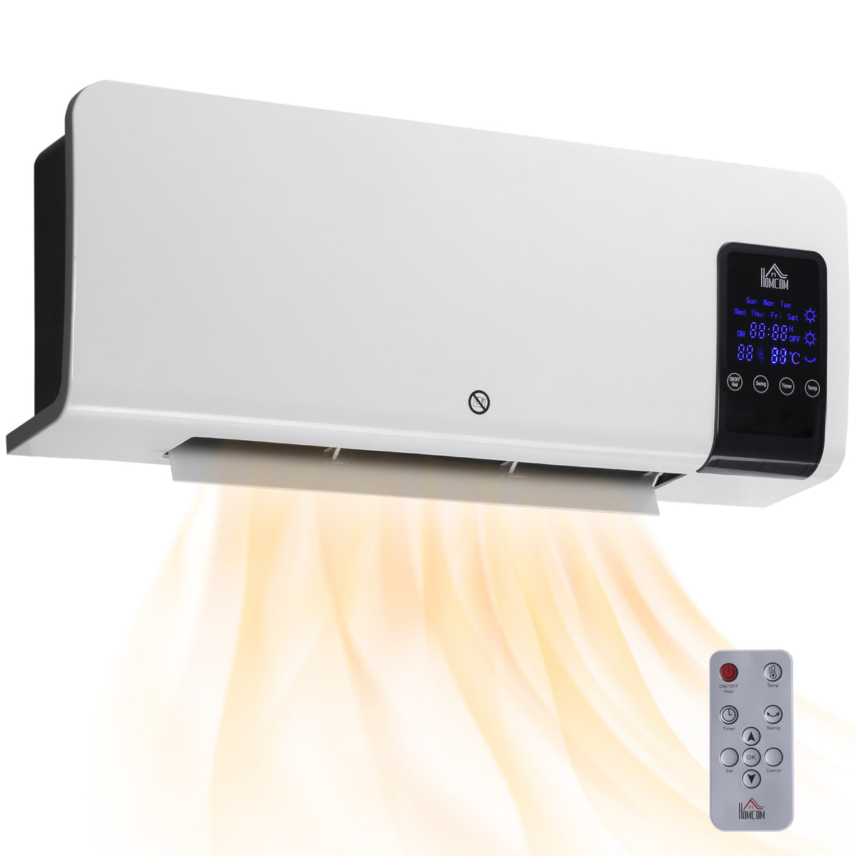 Elektrische verwarming, wandmontage, zwenkfunctie, 2 standen, timer, led-display, wit