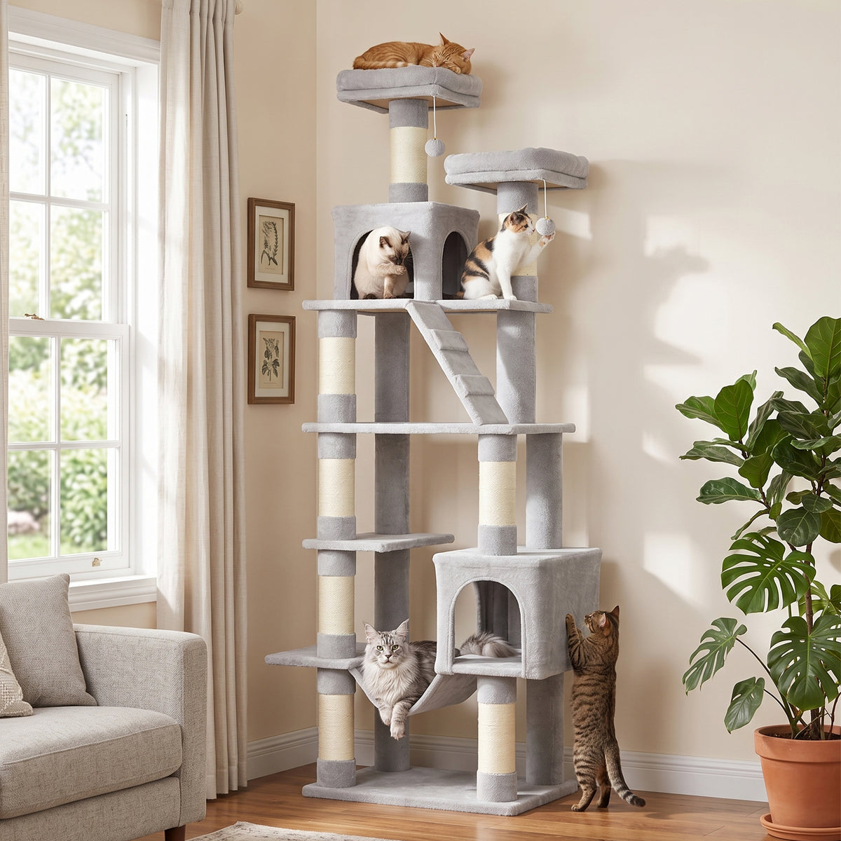 Krabpaal 204 cm, kattenboom met holen, ladder, meerlaagse krabpaal voor 1–3 katten van elk maximaal 6 kg (2)