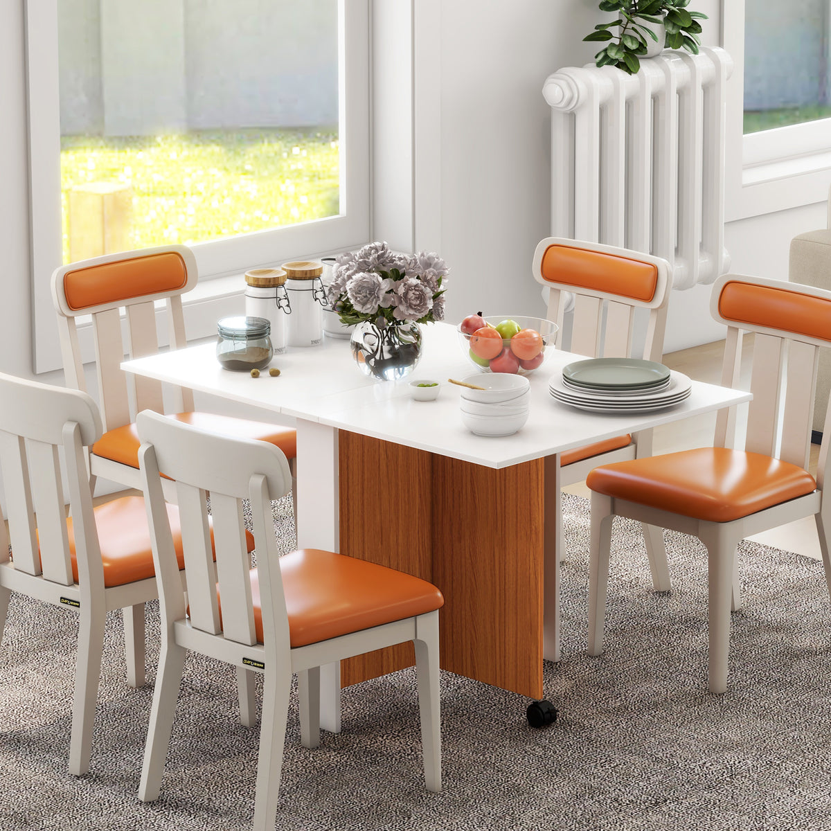 Uitklapbare eettafel, uitschuifbare eettafel, mobiel, modern design, 120 cm x 80 cm x 73 cm, teak + wit (2)