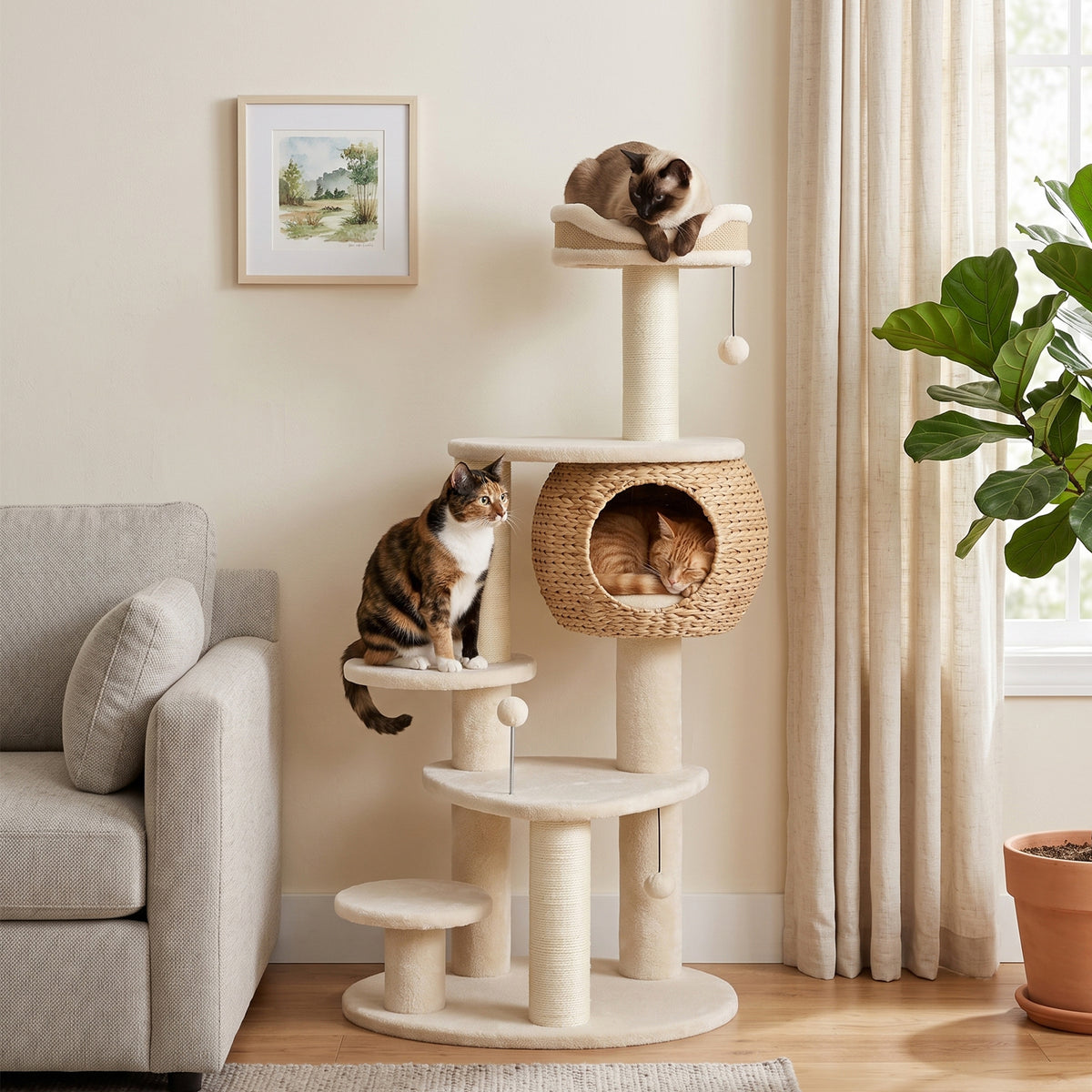 Krabpaal groot 132 cm hoog kattenboom met lisdodde-grot krabpalen bed 3 speelballen kantelbeveiliging 1-2 katten (2)