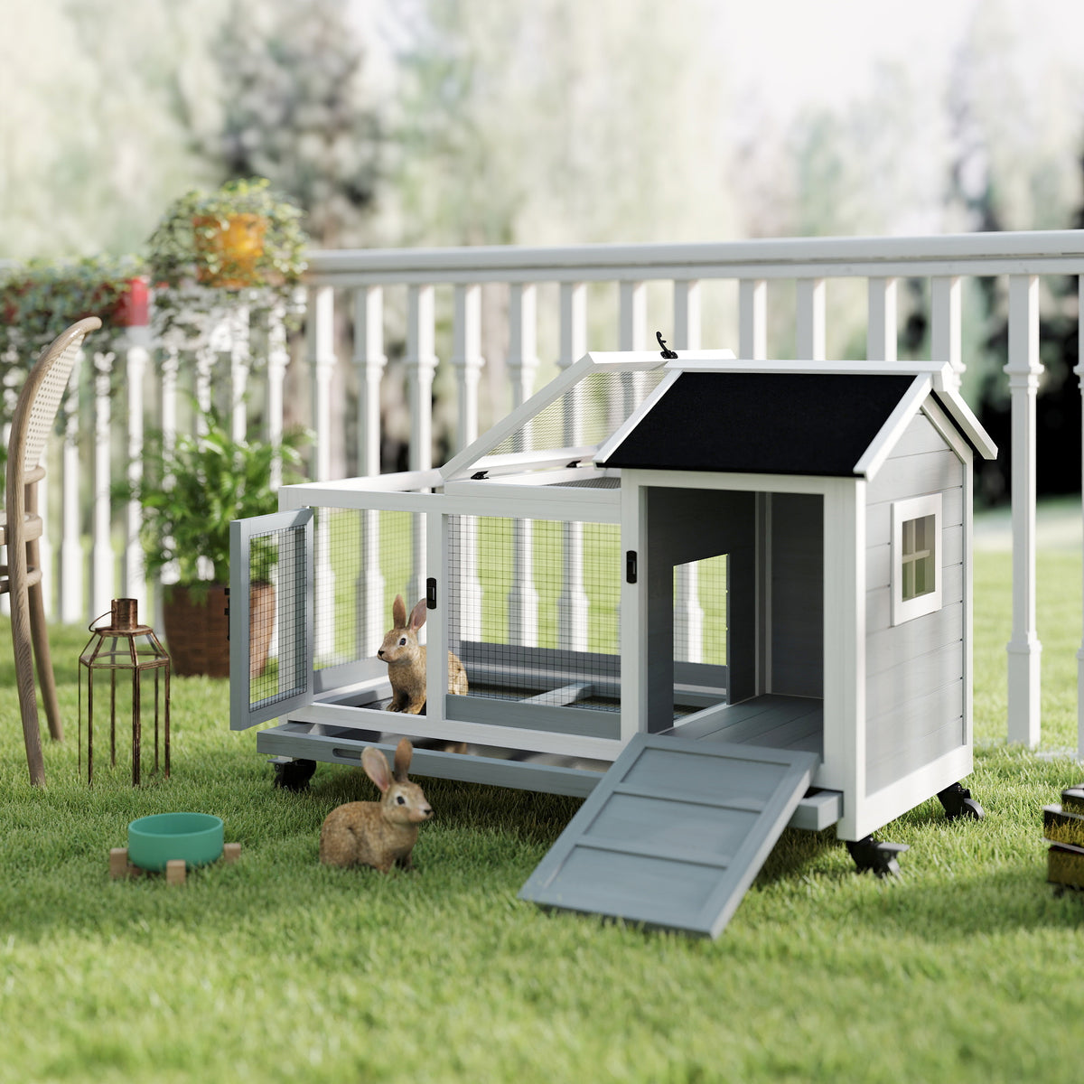 Kleine dierenstal voor dwergkonijnen, cavia's, met wielen, 108 x 58 x 73,5 cm, grijs (2)