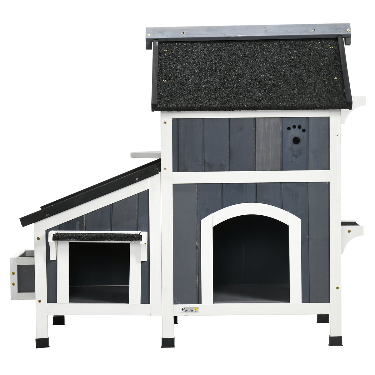 Buitenkattenhuis, twee verdiepingen, bodemvrijheid, natuurhout, asfalt dak, grijs, 96 x 65 x 85,5 cm