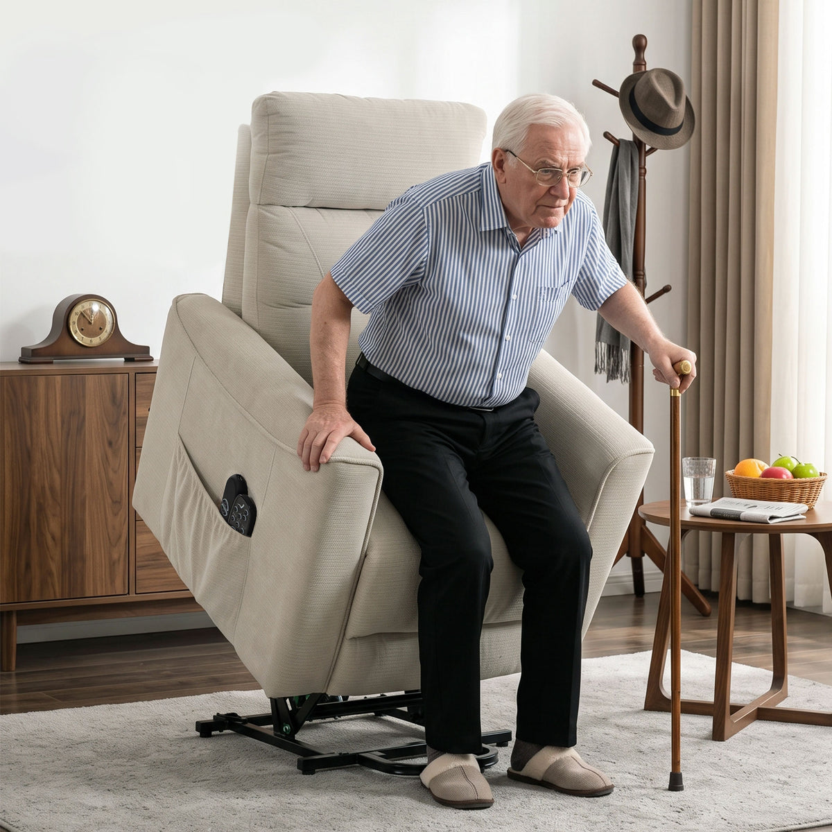 Relaxfauteuil met elektrische opstahulp, massage & warmte, chenille-fauteuil met binnenvering, greige (2)