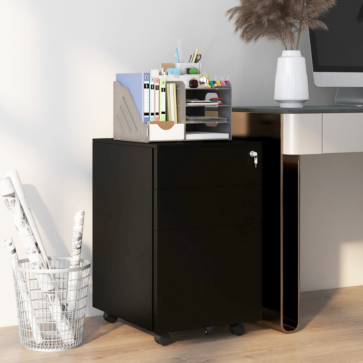 Rolcontainer archiefkast, 3 laden, afsluitbaar, verrijdbaar, 37 cm x 43,5 cm x 60 cm, zwart (2)