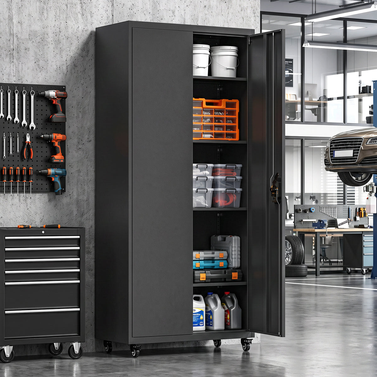Archiefkast, afsluitbare metalen kast met wielen, verstelbare legplanken, van staal, 80 x 40 x 180 cm zwart (2)