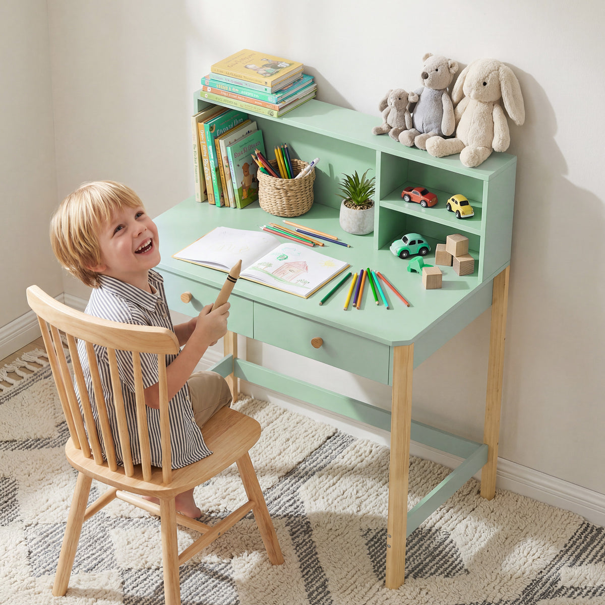 Kinderschrijftafel bureaus voor scholieren met lades, plank en opbergruimte voor kinderen van 5-12 jaar, 90 x 52 (2)
