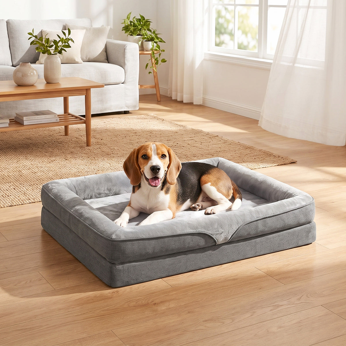 Hondenbed met verhoogde randen, antislip onderkant, linnenlook, wasbaar, hondenkussen spatwaterdicht 91x68x16cm (2)
