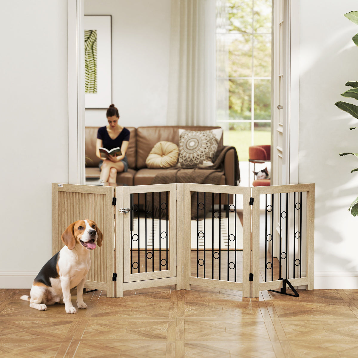 Vrijstaand huisdierhek, hondenkamerhek met deur, 4 panelen, voor gang, trap, deurkozijn, MDF, staal (2)